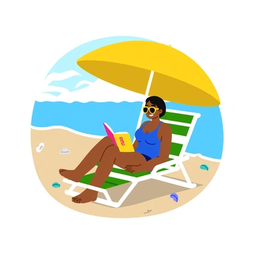 A person with short black hair is sitting on a striped beach chair, completely absorbed in reading a colorful book. They are wearing stylish sunglasses and a bright blue swimsuit. Above them, a large yellow umbrella provides shade from the sun. The sand beneath the chair has a slight texture and is dotted with small shells. In the background, gentle waves crash on the shore, and a few seagulls can be seen flying in the clear blue sky.