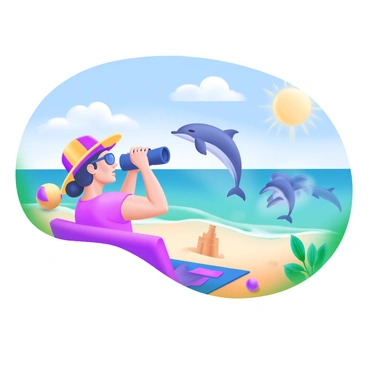 A scene depicting a tourist on a beach, holding a pair of binoculars to observe dolphins playing in the waves. The tourist is wearing a colorful beach hat and sunglasses, with a towel spread out on the sand nearby. Gentle waves roll onto the shore, and several dolphins can be seen leaping playfully in the distance. The sky is bright blue with a few fluffy clouds, and the sun casts warm light on the scene. A beachball and a sandcastle are also visible on the sand, enhancing the beach atmosphere.
