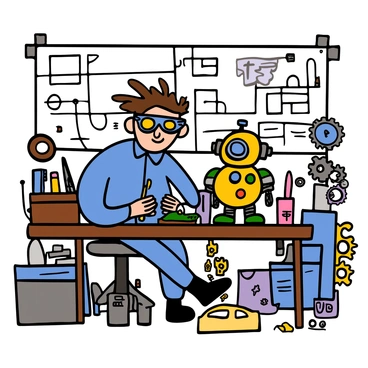 A cartoon inventor with light skin and wild, messy hair is seated at a workbench, focusing intently on a quirky robot. The inventor is wearing goggles on his forehead, and a blue shirt with rolled-up sleeves, and he has various tools scattered around him. The robot has a round body with colorful buttons and mismatched limbs, giving it a playful appearance. The workshop is cluttered with gears, wires, and blueprints pinned to the walls, creating a busy, creative atmosphere. Various gadgets and half-finished projects are also visible around the inventor, adding to the sense of ongoing invention.