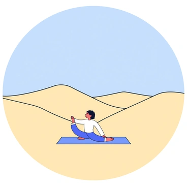 A lone figure is practicing yoga on a smooth, sandy surface in the middle of a vast desert. The figure is positioned in a serene pose, reflecting concentration and balance. Surrounding the figure, the sand stretches endlessly, creating gentle dunes that rise and fall. Above, the sky is clear and blue, with no clouds in sight, emphasizing the openness of the environment.