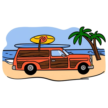 A classic woodie station wagon with a polished wooden exterior is parked on a sandy beach. The car has a bright red exterior complemented by intricate wood panels on the sides. On the roof, there are two colorful surfboards secured in place, one blue with white stripes and the other yellow with a bold graphic design. The background shows gentle waves lapping at the shore and a clear blue sky, creating a relaxed beach atmosphere. Palm trees are visible in the distance, adding to the seaside scenery.