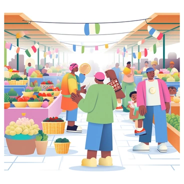 A bustling global marketplace is filled with people from various countries exchanging goods. In the foreground, a woman with dark skin is negotiating with a vendor over colorful spices displayed in woven baskets. Nearby, a man with light skin is holding up a traditional woven rug, while a child with curly hair looks on. Stalls are overflowing with fruits, vegetables, and textiles from around the world. Flags representing different nations are hanging overhead, creating a vibrant atmosphere. The ground is paved with cobblestones, and wooden structures provide shade for the traders and customers.