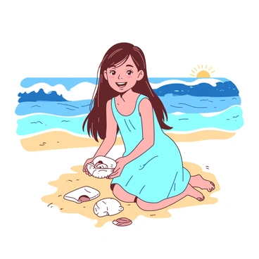A girl with long brown hair is kneeling on a sandy beach, collecting seashells in her hands. She is wearing a light blue summer dress and has a joyful expression on her face. The ocean waves are gently crashing in the background, creating a white frothy edge at the shoreline. The sun is shining brightly in the clear sky, casting soft shadows on the sand, and a few seashells are scattered around her.