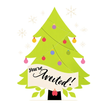 A festive Christmas gathering invitation featuring a large, decorated evergreen tree adorned with colorful ornaments and twinkling lights. White snowflakes gently fall in the background, creating a wintery atmosphere. The text on the invitation reads “You’re Invited!” in elegant script, surrounded by holly leaves and red berries.