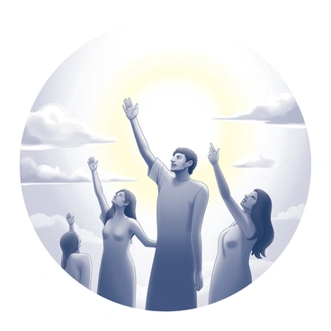 A group of figures is depicted with their arms raised, gently rising into the sky. Their expressions display a sense of peace and tranquility. The figures are surrounded by a soft, luminous aura that creates a warm environment. The background features a plain sky with subtle, wispy clouds, enhancing the feeling of ascension. The scene captures the individuals in various poses, embodying a sense of hope and unity as they ascend together.