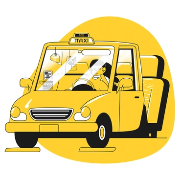 The interior of a taxi cab is visible, featuring a black front seat where the driver is seated. The driver is looking straight ahead, with the face partially obscured by the plexiglass partition separating the front and back seats. The partition reflects light and shows the driver's expression of concentration. Various items are scattered on the dashboard, including a GPS device and a couple of air fresheners hanging from the rearview mirror. The back seat is empty, with a textured fabric upholstery. The taxi's ceiling has overhead lights, and the floor is clean with rubber mats.