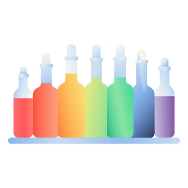 A vibrant collection of ampoules in various colors is arranged in a rainbow pattern. The ampoules are displayed standing upright, showcasing their shiny, translucent surfaces. Each ampoule varies in size, creating a dynamic visual effect. The colors include red, orange, yellow, green, blue, indigo, and violet, with each color smoothly transitioning to the next. The background is a soft gradient that complements the bright hues of the ampoules, enhancing their visual impact.