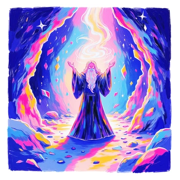 A dark wizard wearing a flowing black robe stands in the center of a cavern. His long beard flows and his hands are raised, summoning swirling shadows that fill the air around him. The cavern walls are lined with sparkling crystals that reflect dim light, casting a rainbow of colors onto the surfaces. The ground is uneven and littered with smaller stones, adding to the sense of depth in the scene. The wizard's piercing eyes glow faintly in the darkness, enhancing his mysterious presence.
