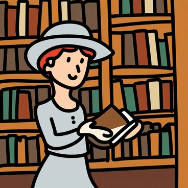 A vintage woman wearing a long, flowing dress and a wide-brimmed hat is browsing through rows of wooden bookshelves filled with antique books in a cozy bookstore. The warm light from vintage lamps illuminates the space, creating a welcoming atmosphere. She is attentively examining a leather-bound book, with an expression of curiosity and delight.