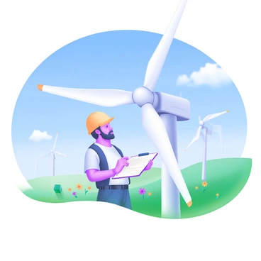 A modern pastel illustration of an engineer wearing a hard hat inspecting the blades of a large windmill. The engineer is holding a clipboard and looking closely at the blades, which are white and rotating in the bright sunlight. The background features a clear blue sky with a few fluffy white clouds and a green field dotted with wildflowers. In the distance, additional windmills can be seen against the horizon, adding depth to the scene. The sun casts a warm glow on the entire setting, highlighting the details of the windmill and the engineer’s focused expression.