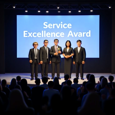 A large stage with a backdrop displaying the words "Service Excellence Award." In the center, a diverse group of individuals representing the bus company stands proudly together. The group includes a middle-aged man with short hair in a formal suit, a woman with long hair wearing a smart dress, and a young man with glasses in a crisp shirt and tie. They are holding a shiny trophy with a gold star on top. The audience in front of the stage is applauding enthusiastically. Bright lights illuminate the scene, highlighting the pride and achievement of the bus company.