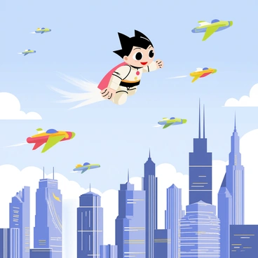 "Astro Boy" flying above a futuristic cityscape. The city features tall, sleek skyscrapers with metallic surfaces reflecting sunlight. Several colorful flying cars zip through the air, creating a sense of movement. The sky is a bright blue with a few fluffy clouds. Astro Boy is depicted as a small robot with large expressive eyes and a red jet pack, soaring effortlessly above the bustling city below.