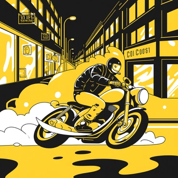 A biker leaning into a turn on a motorcycle, navigating a city street at night. The biker is wearing a black leather jacket and a helmet. The street is lined with tall buildings and glowing signs. The pavement is wet, reflecting the yellow lights from the storefronts and the biker's motorcycle. The atmosphere is vibrant, with the contrast of the dark night sky and the bright reflections on the ground.