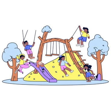 A playground constructed from natural materials like wood and stone. There are swings made of ropes and wooden seats hanging from sturdy branches. A climbing structure features a network of tree trunks and wooden platforms. Several children are playing, one child is climbing up the structure, another is swinging back and forth, and a third is sliding down a natural slope covered in grass. The surroundings include leafy trees providing shade and a soft, natural ground covering.