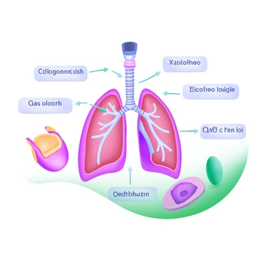 An imaginative representation of the human respiratory system is displayed, with detailed illustrations of the lungs, trachea, and bronchi. The lungs are depicted in a soft pastel color palette, featuring intricate branching airways. Arrows are used to illustrate the paths of gas exchange, with oxygen moving into the bloodstream and carbon dioxide being expelled. Alongside the respiratory structures, there are colorful illustrations of red blood cells and alveoli, emphasizing their roles in respiration. Labels are included in clear lettering, enhancing understanding of each component involved in the respiratory process.
