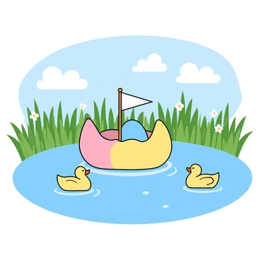 A small boat crafted from a colorful Easter egg, featuring pastel shades of pink, blue, and yellow, is gently floating on a clear pond. The boat has a tiny flag made from a piece of paper that flutters in the breeze. Around the pond, there are lush green grasses and a few delicate wildflowers peeking through. The water is calm, reflecting the blue sky with fluffy white clouds above. A pair of playful ducks can be seen swimming nearby, adding life to the tranquil scene.