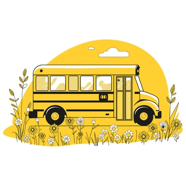 A school bus parked in a field filled with wildflowers of various shapes and sizes. The bus is yellow with black accents, showing signs of wear from previous journeys. Surrounding the bus are clusters of wildflowers in bright yellow and white, swaying gently in the breeze. In the background, there are a few tall grasses that add texture to the scene. The sky above is bright, creating a cheerful atmosphere. The sunlight casts shadows from the bus onto the ground, enhancing the depth of the image.