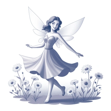 A flower fairy with delicate wings is dancing among blooming daisies. The fairy has a light and graceful pose, with her arms raised and a joyful expression on her face. She is surrounded by a lush meadow filled with fully opened daisies, their petals radiating outward. The sunlight filters through the scene, casting soft shadows on the ground. The fairy's flowing dress resembles petals, blending harmoniously with the surrounding flowers. The entire composition conveys a sense of movement as the fairy twirls amidst the vibrant blooms.