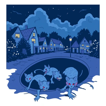 A dark night sky filled with thick clouds looms over a tranquil town, illuminated by the soft glow of street lamps. In the foreground, a group of skaven with fur-covered bodies and glowing red eyes is emerging from a large, shadowy sewer grate. Their sharp teeth and clawed hands are visible as they creep out, planning their invasion. The town's cobblestone streets are empty, and in the background, quaint houses with thatched roofs stand silent, surrounded by blooming flowers. A sense of impending chaos contrasts sharply with the calmness of the town.