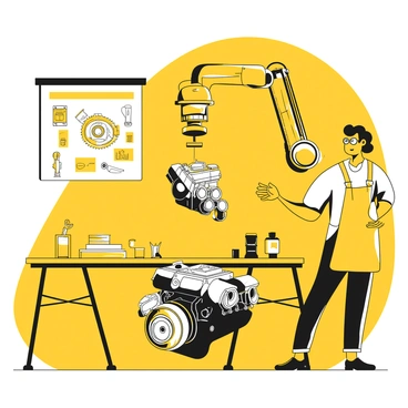 An engineer using a robotic arm to precisely install components in a car engine