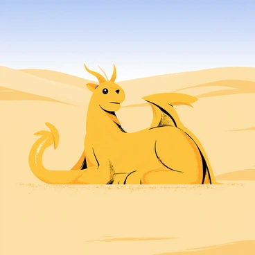 A sand sculpture on the smooth, golden desert floor, showcasing a mythical creature with intricate details. The creature has large, curved horns and a long, flowing tail, blending elements of a dragon and a lion. Its body is adorned with textured scales, and there are delicate wings spread wide, poised as if ready to take flight. Surrounding the sculpture are small grains of sand that catch the sunlight, casting soft shadows and highlighting the artistry of the piece. In the background, the endless expanse of sand dunes stretches under a bright blue sky.
