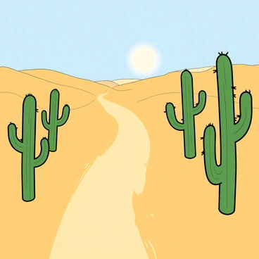 A sandy trail winding through a vast desert landscape. The trail is surrounded by several tall green cacti with distinct spines and arms reaching upward. The sun is positioned high in the sky, casting strong shadows on the ground. The sand appears bright and golden under the intense sunlight, with small ripples and footprints visible along the trail. In the background, gentle hills of sand create a sense of depth, accentuating the expansive feel of the desert.