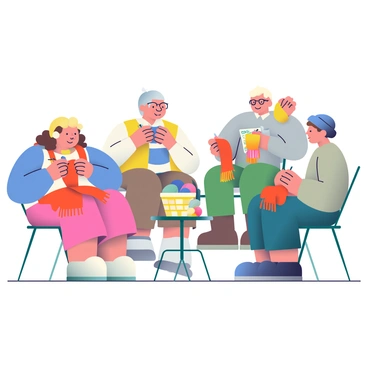 A group of four individuals is sitting in a circle, engaged in a knitting circle. Each person has a set of knitting needles and colorful yarn in various hues, including pink, blue, yellow, and green. One person, a woman with curly brown hair, is focused on knitting a bright red scarf. Another member, an elderly man with glasses, is crafting a blue and white striped scarf, smiling as he shares stories. Next to him, a woman with short blonde hair is chatting while knitting an olive green scarf. The last member, a young man with a beanie, is playfully showing off a partially knitted bright orange scarf. The setting is cozy, with a small table in the center holding a basket full of yarn and various knitting patterns. A warm light is illuminating the circle, enhancing the vibrant colors of the scarves.