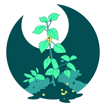 A teal bean plant with lush green leaves stands prominently in the foreground. The plant has several clusters of vibrant yellow beans growing among its leaves. Above, a large, luminous white moon casts a soft glow over the scene, illuminating the plant and creating gentle shadows on the ground. The surrounding area is dark, emphasizing the light from the moon and the bright colors of the bean plant.