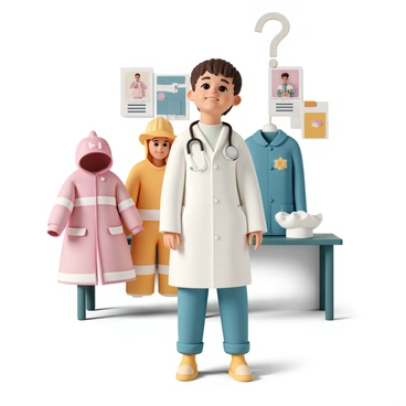 A child, around six years old, is standing in a bright, open room, surrounded by various career outfits. The child is wearing a white doctor’s coat with a stethoscope around their neck, looking contemplative. Next to them is a firefighter outfit complete with a helmet, a police officer uniform with a badge, and a chef’s hat resting on a nearby table. The child has short brown hair and a joyful expression, gazing up as if imagining their future. In the background, there are colorful posters depicting different professions, adding to the theme of dreams and possibilities.