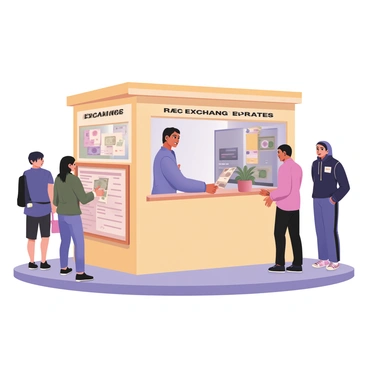 A small kiosk stands on a busy street corner, featuring a bright yellow exterior. The front has a large, clear window displaying various currency notes and coins inside. A wooden board mounted to the side shows the "exchange rates" in bold black letters, with detailed lists of different currencies and their corresponding values. A friendly attendant is visible behind the counter, wearing a blue shirt and a name tag, assisting a customer who is handing over a few banknotes. Passersby can be seen in the background, some looking at the kiosk, while others are engaged in their own activities. A small potted plant sits on the counter, adding a touch of greenery.