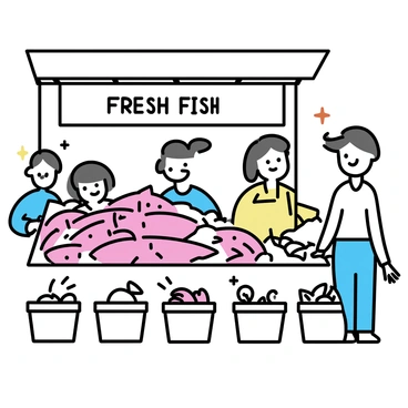 A fish market stall filled with fresh red snappers placed on a bed of ice. The red snappers have bright red scales and beady eyes, arranged neatly to display their vibrant colors. Surrounding the snappers are small buckets filled with various seafood, including clams and shrimp. A wooden sign hangs above the stall, displaying the words "Fresh Fish" in bold letters. The scene is busy, with customers browsing and chatting as they admire the selection.