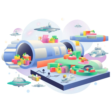 A bustling interstellar trade hub is depicted in the cosmos, filled with a variety of alien ships of different shapes and sizes. Each ship is painted in unique colors and designs, showcasing the diversity of their origins. Some ships have rounded bodies with glowing lights, while others are sleek and angular. In the foreground, a large blue and silver ship is unloading crates filled with vibrant alien fruits, while a green and orange ship is receiving technology components. Small drones dart around, transporting goods between ships and a central docking station. The background features a starry sky with distant galaxies and nebulae, creating a vivid space atmosphere that enhances the scene.