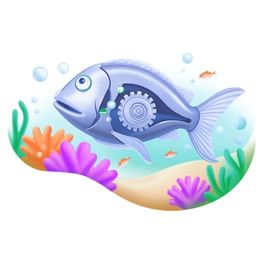 A mechanical fish with shiny, metallic scales is swimming gracefully through a vibrant coral reef. The fish has intricate gears and circuits visible on its body, reflecting light in various colors. Surrounding the fish, there are colorful corals in shades of orange, pink, and purple, with small bubbles rising around them. Schools of tiny fish dart in and out of the coral formations, adding movement to the scene. The water is clear, allowing sunlight to filter down, creating a shimmering effect on the sandy ocean floor below.