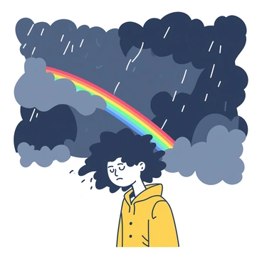 A person with a downcast expression is standing in the foreground, wearing a yellow raincoat, as strong winds blow their hair wildly. Dark storm clouds fill the sky above, creating a dramatic backdrop with flashes of rain falling around them. In the distance, the clouds begin to part, revealing a bright, vivid rainbow stretching across the sky. The colors of the rainbow are vibrant against the dark clouds, creating a striking contrast. The scene captures the transition from a gloomy storm to the hopeful appearance of the rainbow.