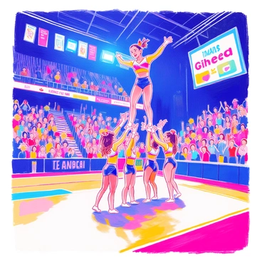 A cheer team is performing a complex acrobatic stunt in a brightly lit arena. The team consists of several athletes in matching uniforms that feature vibrant colors and bold patterns. One cheerleader is being lifted high into the air by her teammates, who are positioned in a strong base formation. The atmosphere is filled with excitement as fans in the stands cheer, waving colorful pom-poms. Banners hang from the arena's walls, and a large scoreboard is visible in the background, displaying the team's name. The floor is marked with bright lines, indicating the boundaries of the performance area.