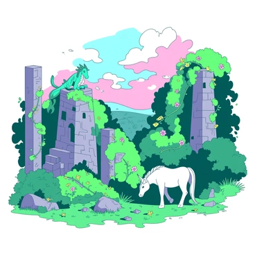 A vibrant scene depicting the ruins of an ancient city, covered in lush green vegetation. Intricate stone structures with crumbling walls are intertwined with thick vines and colorful flowers. Inhabiting the ruins are mythical creatures, including a small teal dragon perched on a fallen column and a white unicorn grazing nearby, partially hidden among the tall grass. The sky above is a soft blend of colors, casting a magical glow over the scene, highlighting the enchanting atmosphere of this forgotten place.