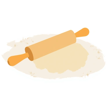 A rolling pin smoothing out dough, with flour scattered around
