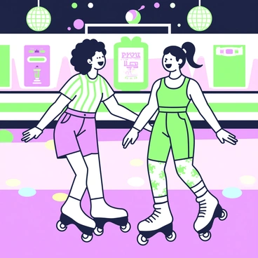 Two friends are roller skating in a rink designed with a retro theme. The rink is illuminated with vibrant neon lights, casting colorful reflections on the smooth floor. One friend has curly hair and is wearing a striped shirt paired with high-waisted shorts, while the other friend has straight hair in a ponytail and is dressed in a bright tank top and patterned leggings. They are laughing and enjoying their time, with one friend doing a playful spin while the other maintains balance. Surrounding them are retro decorations, including disco balls and vintage posters on the walls.