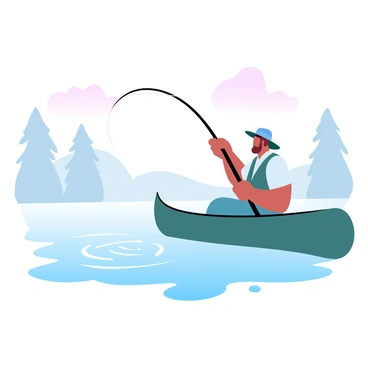 A fisherman is sitting in a canoe, casting a fishing line into a calm lake. The water reflects soft pastel colors of dawn, with hints of pink and light orange in the sky. Gentle ripples are forming around the fishing line as it breaks the surface of the water. Surrounding the lake are silhouettes of trees, their outlines softly merging with the morning light. The fisherman is wearing a simple fishing vest and a wide-brimmed hat, focused on the task at hand.