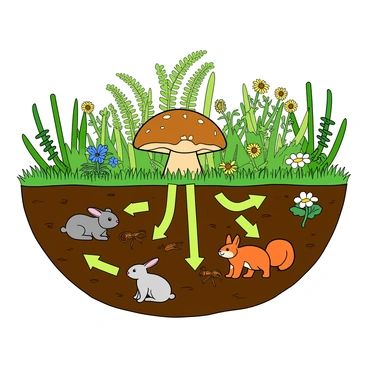 A vibrant illustration of an ecosystem web within a lush green forest setting. In the center, a large brown decomposer, resembling a mushroom, is shown breaking down organic matter. Surrounding it are various colorful plants, including tall green ferns and blooming wildflowers, which receive nutrients from the decomposer. Several animals, such as a small grey rabbit and a lively red squirrel, are depicted interacting with the plants. The soil beneath is rich and dark, with visible earthworms and insects contributing to the decomposition process. Arrows connect all elements, showcasing the flow of energy and nutrients, creating a dynamic and interconnected ecosystem web.