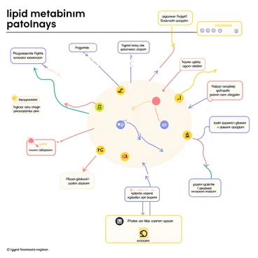 An infographic illustrating "lipid metabolism pathways." The central area features a large diagram with multiple branching pathways labeled with clear, bold text. Each pathway is color-coded, showing the various stages of lipid metabolism, including synthesis, degradation, and transport. Icons representing lipids, such as triglycerides and phospholipids, are strategically placed along these pathways. Surrounding the central diagram are smaller boxes containing key information, such as enzymes involved and important cellular locations, all with simple illustrations accompanying the text. At the bottom, a legend explains the different colors and icons used throughout the infographic.