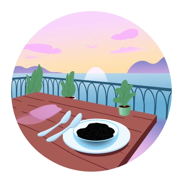 A plate of caviar is placed on a wooden table on a terrace. The caviar is served in a small glass bowl made of crystal. There are elegant spoons beside the bowl. The terrace is adorned with potted plants and has a railing made of wrought iron. In the background, a vibrant sunset fills the sky with hues of orange, pink, and purple, casting a warm glow over the scene. The sun is partially visible, dipping below the horizon, creating a serene atmosphere.