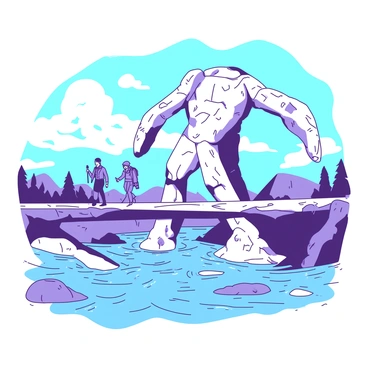A golem helping travelers cross a wide river by forming a bridge with its body.