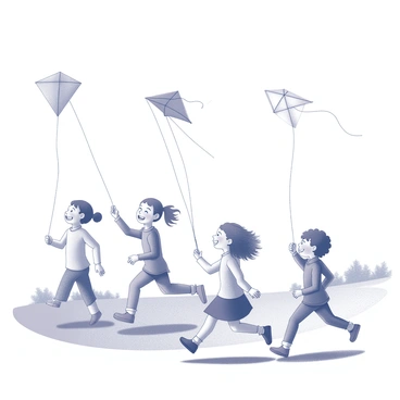 A group of children is outside, each child holding a string attached to a kite. The kites are of various shapes, including a classic diamond, a whimsical butterfly, and a traditional box kite. The children are smiling and laughing as they run, their hair blowing in the wind. The sky is filled with these kites, which are soaring high above them. In the background, there is a grassy field with a few scattered trees, and the sun is shining brightly, casting shadows on the ground.