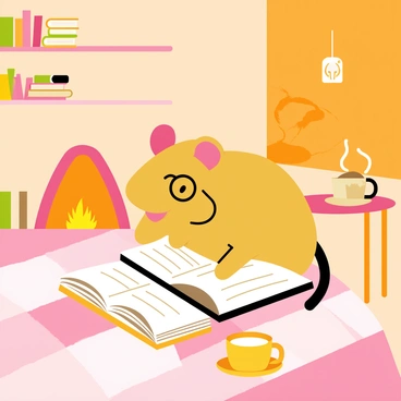 A cozy mouse curled up on a soft, checkered blanket with an open book resting on its lap. The mouse is wearing round glasses perched on its nose, intently focusing on the pages of the book. The warm fireplace in the background casts a gentle glow, illuminating the room with a soft orange light. Nearby, a steaming cup of tea rests on a small table, adding to the overall warmth of the scene. The walls are decorated with small shelves filled with books, creating a snug and inviting atmosphere.