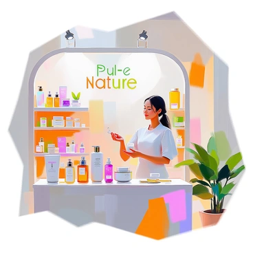 A vibrant expo stand showcasing a variety of organic cosmetics and skincare products. The stand features elegantly arranged shelves filled with bottles and jars of creams, serums, and oils, all labeled with "100% Organic" signs. There are fresh green plants around the stand, emphasizing the natural theme. A friendly vendor with light skin and dark hair stands behind the counter, engaging with visitors and holding a sample of a skincare product. The backdrop includes a large banner with the brand name "Pure Nature" prominently displayed in bold letters. Various colorful product packaging is visible, adding visual interest to the setup.