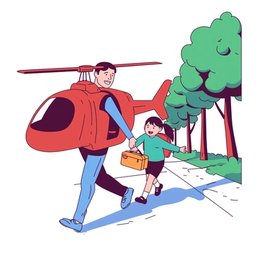 A parent with a red helicopter-shaped backpack is walking briskly along a sidewalk. The backpack is prominently shaped like a helicopter, complete with small yellow propellers on top. The parent is wearing a casual blue outfit and has a warm smile on their face. Following closely is a child with a teal school uniform, holding a bright orange lunchbox in one hand. The child is excitedly pointing ahead, leading the way to school. In the background, there are trees lining the sidewalk, adding a lively atmosphere to the scene.