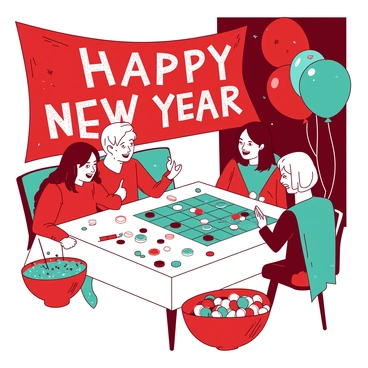 A red and teal New Year's Eve party scene is set in a lively room filled with sparkling decorations. A large banner reading "Happy New Year" in shimmering letters hangs across one wall. A table in the center is covered with a festive white tablecloth and features a vibrant teal bingo game card, markers, and colorful chips scattered around. Guests of various ages are seated around the table, joyfully participating in the game, while a confetti-filled bowl sits nearby, ready to be tossed in celebration. Balloons in both red and teal float above the party, adding to the festive atmosphere.