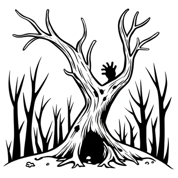 A black-and-white illustration of a twisted, gnarled tree with a rough trunk and jagged branches. A decaying zombie hand is emerging from behind the tree trunk, grasping for the air. The forest surrounding the tree is dense with thin, leafless trees and creeping shadows, creating a sense of unease. The ground is covered with dry leaves and twigs, and the atmosphere is filled with a thick fog that partially obscures the surroundings. Branches stretch out above, adding to the ominous feeling of the scene.