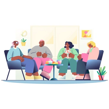 A small group of four cancer survivors is seated in a cozy community center room. They are gathered in a circle, sharing stories and experiences. Each person has a distinct appearance: one has short brown hair and glasses, wearing a light blue sweater, another has long curly black hair and is dressed in a floral blouse. A third individual has shaved hair and is wearing a grey t-shirt, while the last person has shoulder-length blonde hair and is wrapped in a soft, warm shawl. 

The room is warmly lit, with soft beige walls and a few hanging decorations. A small round table in the center holds a variety of snacks, including fruit and pastries, alongside steaming mugs of tea. Comfortable chairs surround the table, and a couple of potted plants are placed around the room, adding a touch of greenery. The atmosphere is one of warmth and support, as the survivors share smiles and nodding encouragement as they listen to one another.